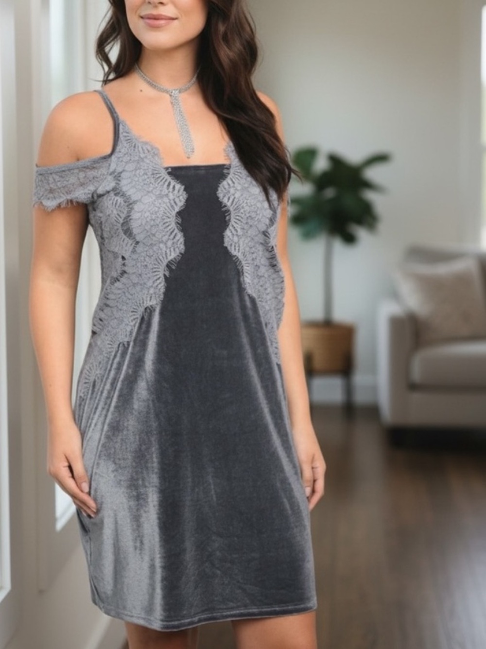 NEW• Great Gatsby Gorgeous Gray Velvet Lace Dress•XL-1X - Picture 2 of 16